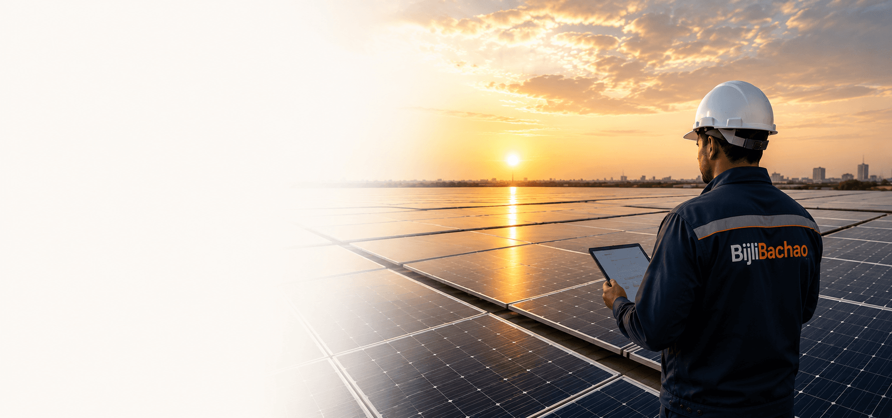 BijliBachao.pk solar engineer reviewing panel performance on a tablet at sunset