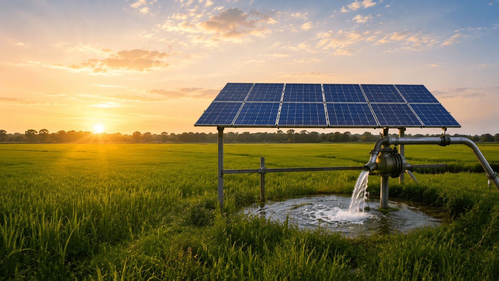 Solar-powered agricultural tubewell irrigating a field in Pakistan by BijliBachao