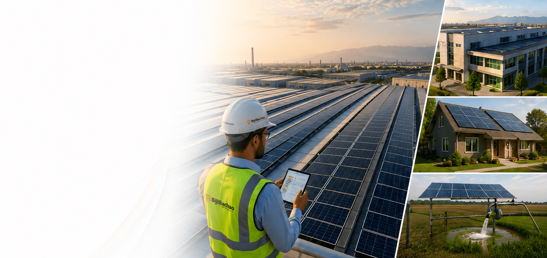 Industrial, commercial, residential and agricultural solar installations delivered by BijliBachao.pk across Pakistan at sunset