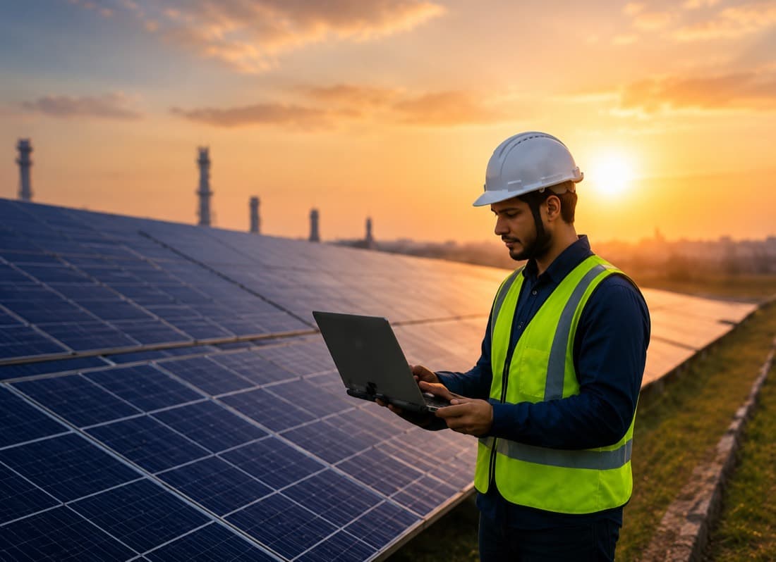 Solar engineer reviewing plant performance on a laptop at a solar site